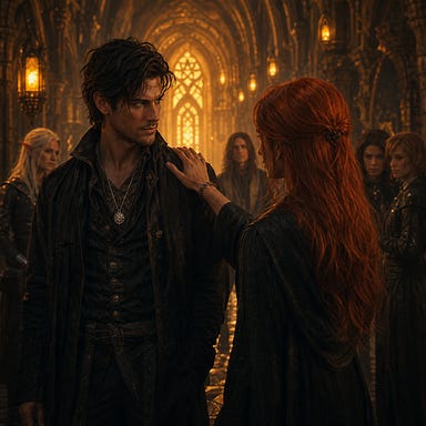 Greegan and Ireena reunion in amber-lit corridor with defined palettes, non-romantic shoulder tap