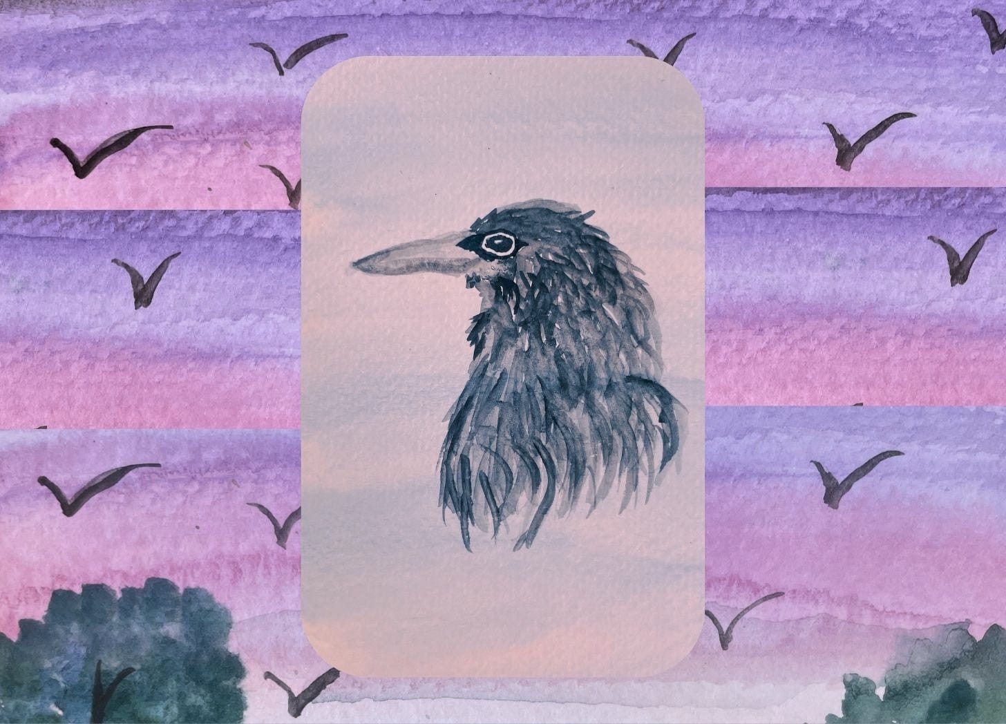 a painting of a crow's bust over a painting of a crow-filled sky at sunset