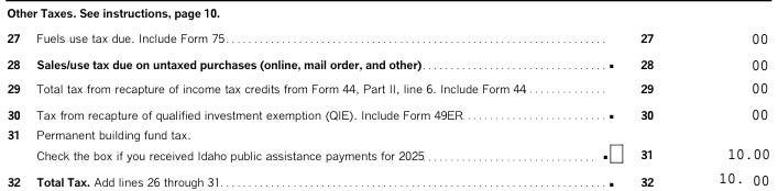 Screenshot of an Idaho tax return showing the $10 "Permanent building fund tax".