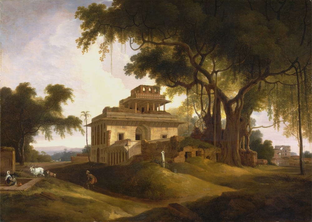 An etching of a beautiful three-storeyed building in ruins, set against a huge banyan tree, with some cows and sheep in the frame