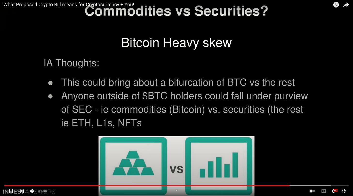 What Proposed Crypto Bill means for
Cöåiihödities vs Securities?
Bitcoin Heavy skew
IA Thoughts:
This could bring about a bifurcation of BTC vs the rest
Anyone outside of $BTC holders could fall under purview
of SEC - ie commodities (Bitcoin) vs. securities (the rest
ie ETH, Lis, NFTs
I NI•.IESH 4)
S'!IVEQS What Proposed Crypto Bill means for
Cöåiihödities vs Securities?
Bitcoin Heavy skew
IA Thoughts:
This could bring about a bifurcation of BTC vs the rest
Anyone outside of $BTC holders could fall under purview
of SEC - ie commodities (Bitcoin) vs. securities (the rest
ie ETH, Lis, NFTs
I NI•.IESH 4)
S'!IVEQS