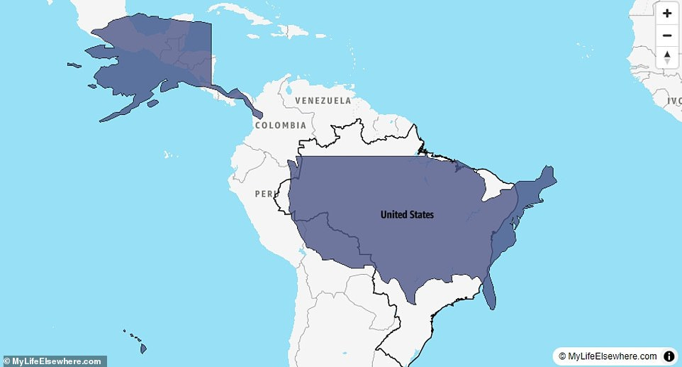 It's a draw - almost: Brazil is 86.6 per cent the size of the United States, but 120.1million fewer people live in Brazil It's a draw - almost: Brazil is 86.6 per cent the size of the United States, but 120.1million fewer people live in Brazil
