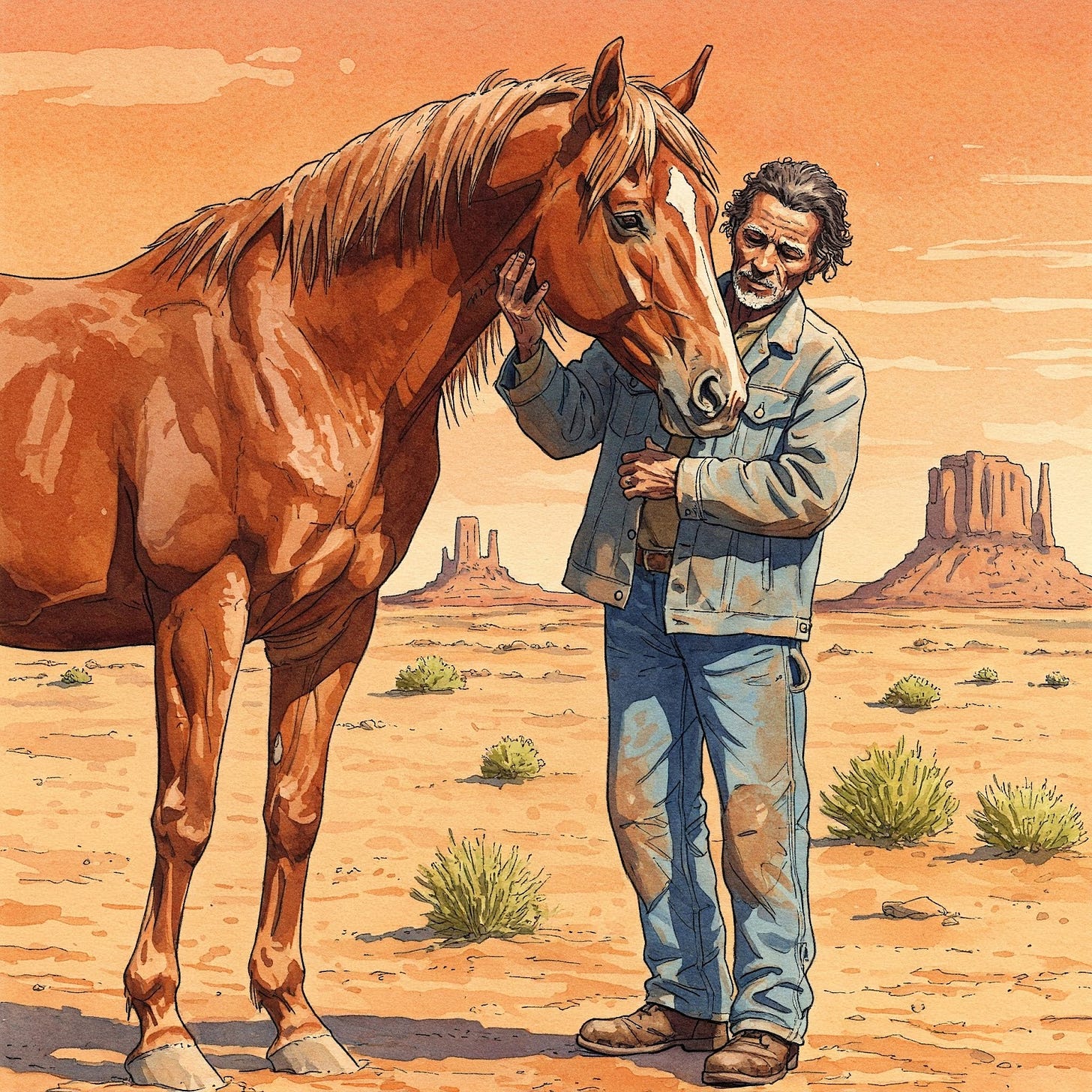 Animal faith healer in desert taming a wild horse.