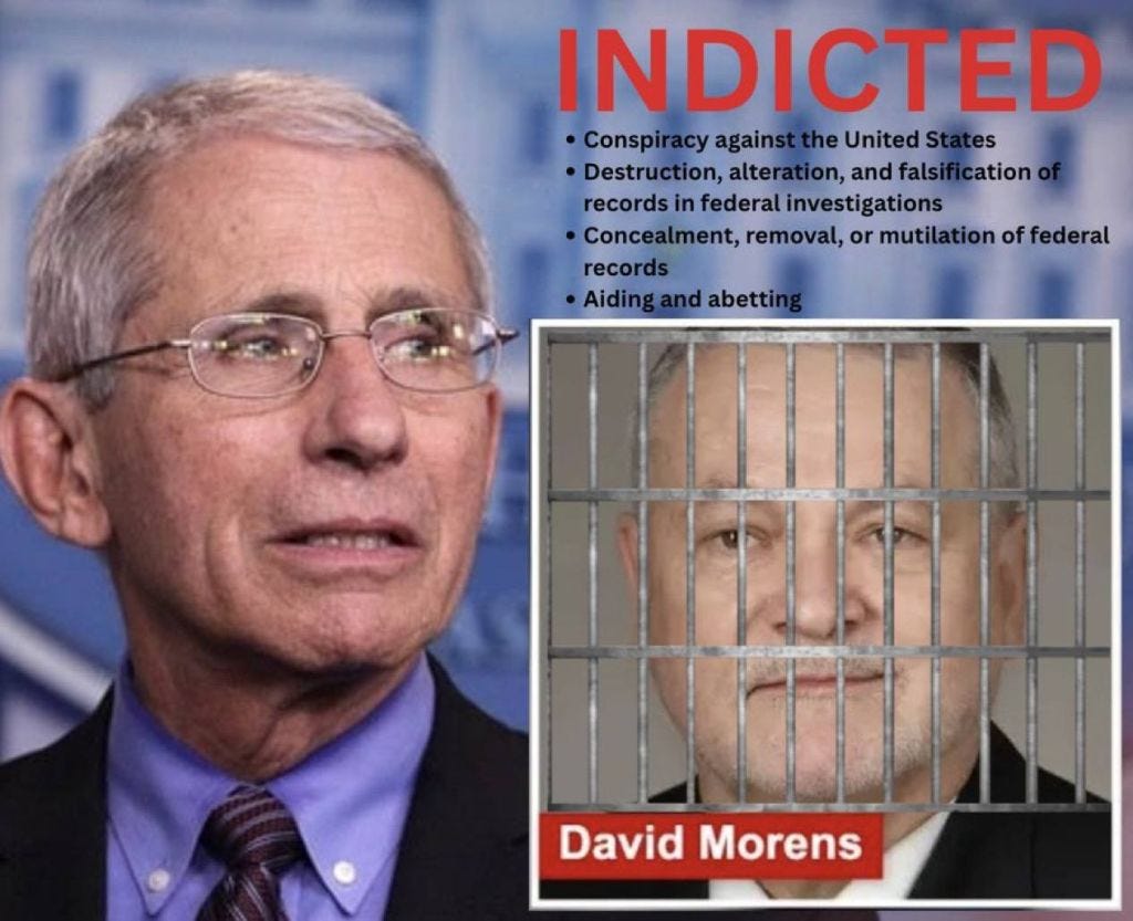 The photo, labeled "ACCUSED," lists charges such as conspiracy against the United States and tampering with evidence. A man is visible on the left; on the right is another man named David Morens, who is behind bars.