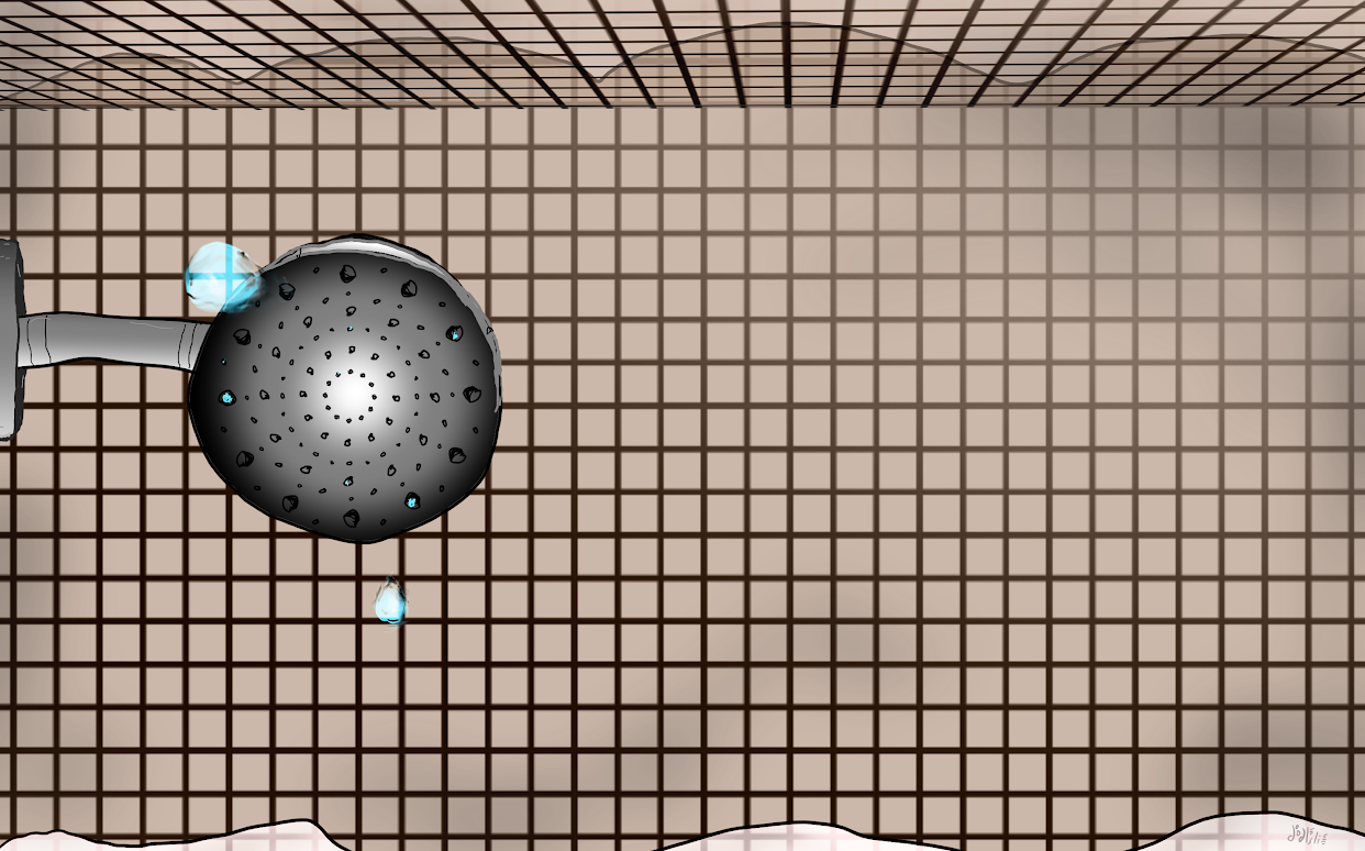 A drawing made of the view from within a shower stall tiled with small tiles. The view is looking up at the showerhead from underneath as some blue water droplets fall. Art by Doodleslice 2025