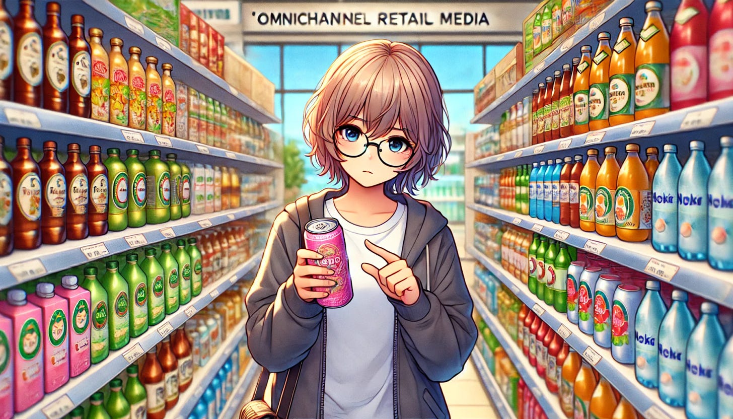 横向きのアニメ風画像。ショートヘアでメガネをかけた20代の日本人女性が食料品店の飲料売り場で、2種類の飲み物を注意深く選んでいる様子が描かれています。設定では、棚には色とりどりの飲み物が並び、背景には商品の詳細なディスプレイが映っています。キャラクターは意思決定に没頭しており、「オムニチャネル リテール メディア」というテーマを反映したリアルで活気のあるショッピングの瞬間を捉えています。シーンは活気に満ち、親しみやすく、活気に満ち、毎日のショッピング体験を楽しく魅力的なスタイルで表現する必要があります。