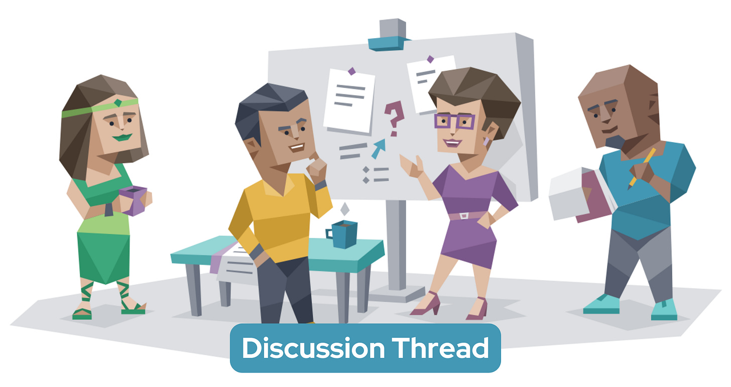 Four people with different personality types are engaged in a dynamic discussion. To the left, a Diplomat woman holds a mug, sporting a confident expression. Next to her, an Explorer man is resting his chin thoughtfully, interacting with an Analyst woman who is gesturing towards a bulletin board filled with notes and question marks. On the right, a Sentinel man is writing in a notebook. In the background, there’s a table with a coffee cup and scattered papers. Below the scene, the words 'Discussion Thread' are prominently displayed.
