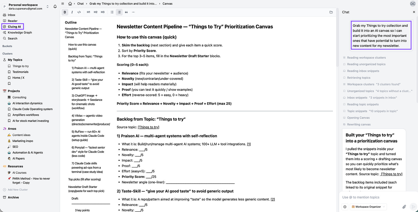 Cluing AI turning a Things to try collection into a prioritization canvas that scores each idea on relevance, novelty, impact, proof, and effort to surface the strongest newsletter topics.