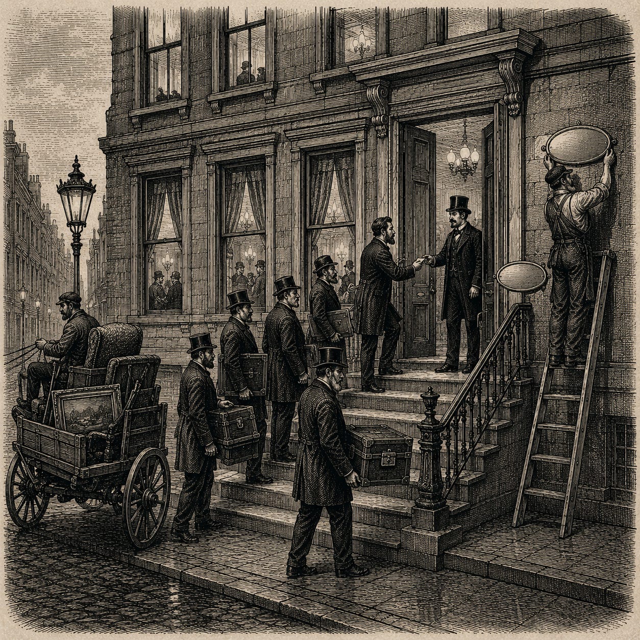 Wood-engraving editorial illustration in the Thomas Nast Harper's Weekly style for Attention Capital's essay The Exit Wave, Section IV: The Debt Shows Up After the Sale. On the morning after a theater building changes hands, the founder's modest cart departs while a line of dignified lenders with strongboxes and document cases calls on the new proprietor at the door, and a workman swaps one blank brass nameplate for another. The image argues the essay's centerpiece: lenders financed Moonbug's and Hello Sunshine's cash flows at scale the day a holdco owned them, so the gap was never the asset, it was the name on the borrower line. Keywords: Candle Media debt, Moonbug Blackstone, creator economy credit, media finance, attention capital. Wood-engraving editorial illustration in the Thomas Nast Harper's Weekly style for Attention Capital's essay The Exit Wave, Section IV: The Debt Shows Up After the Sale. On the morning after a theater building changes hands, the founder's modest cart departs while a line of dignified lenders with strongboxes and document cases calls on the new proprietor at the door, and a workman swaps one blank brass nameplate for another. The image argues the essay's centerpiece: lenders financed Moonbug's and Hello Sunshine's cash flows at scale the day a holdco owned them, so the gap was never the asset, it was the name on the borrower line. Keywords: Candle Media debt, Moonbug Blackstone, creator economy credit, media finance, attention capital.