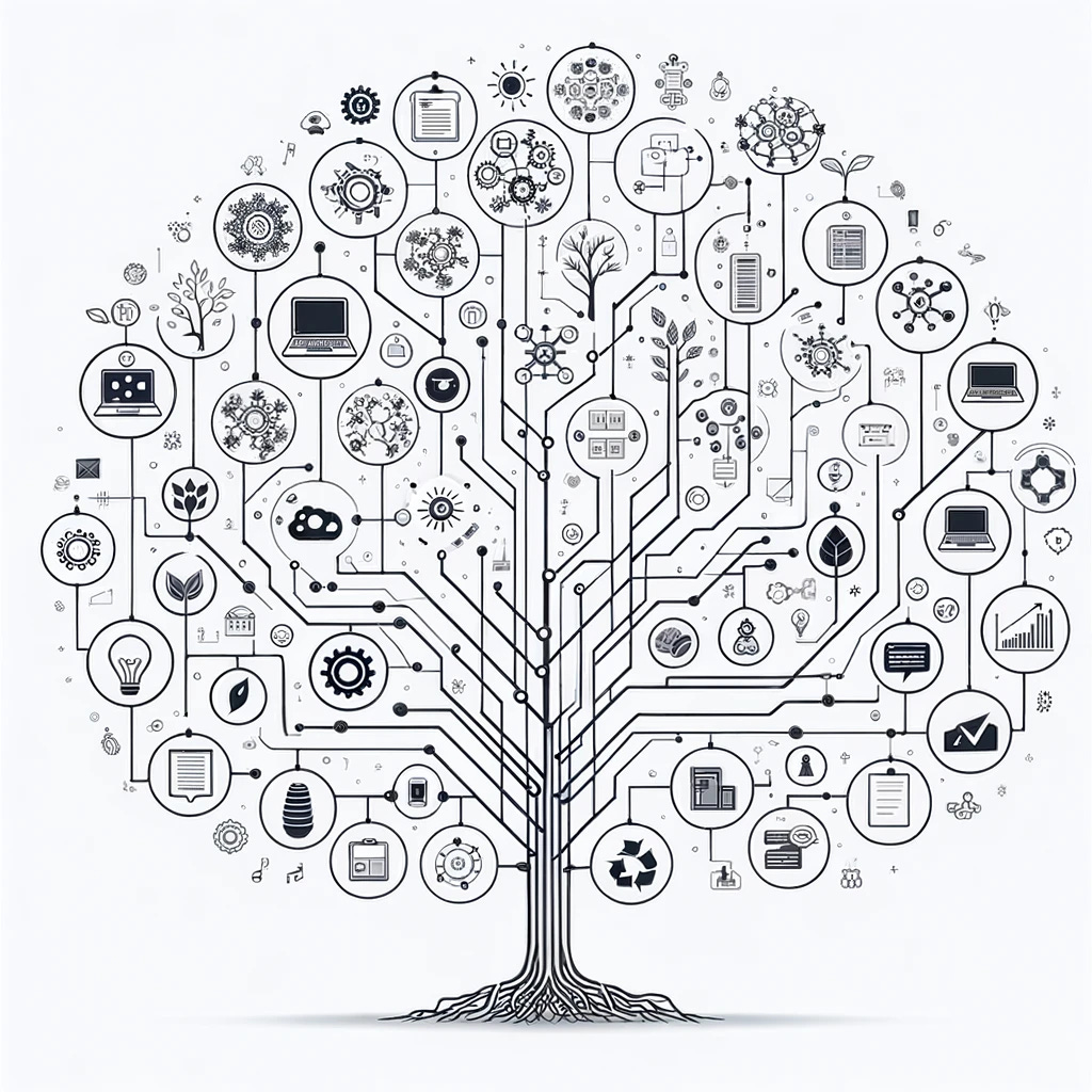 Photo of an illustrated tech tree for an Early Stage Startup with multiple branches terminated by icons representing technical and business concepts. The tech tree stands alone on a pure white background (no color gradient) with no other objects or text present.