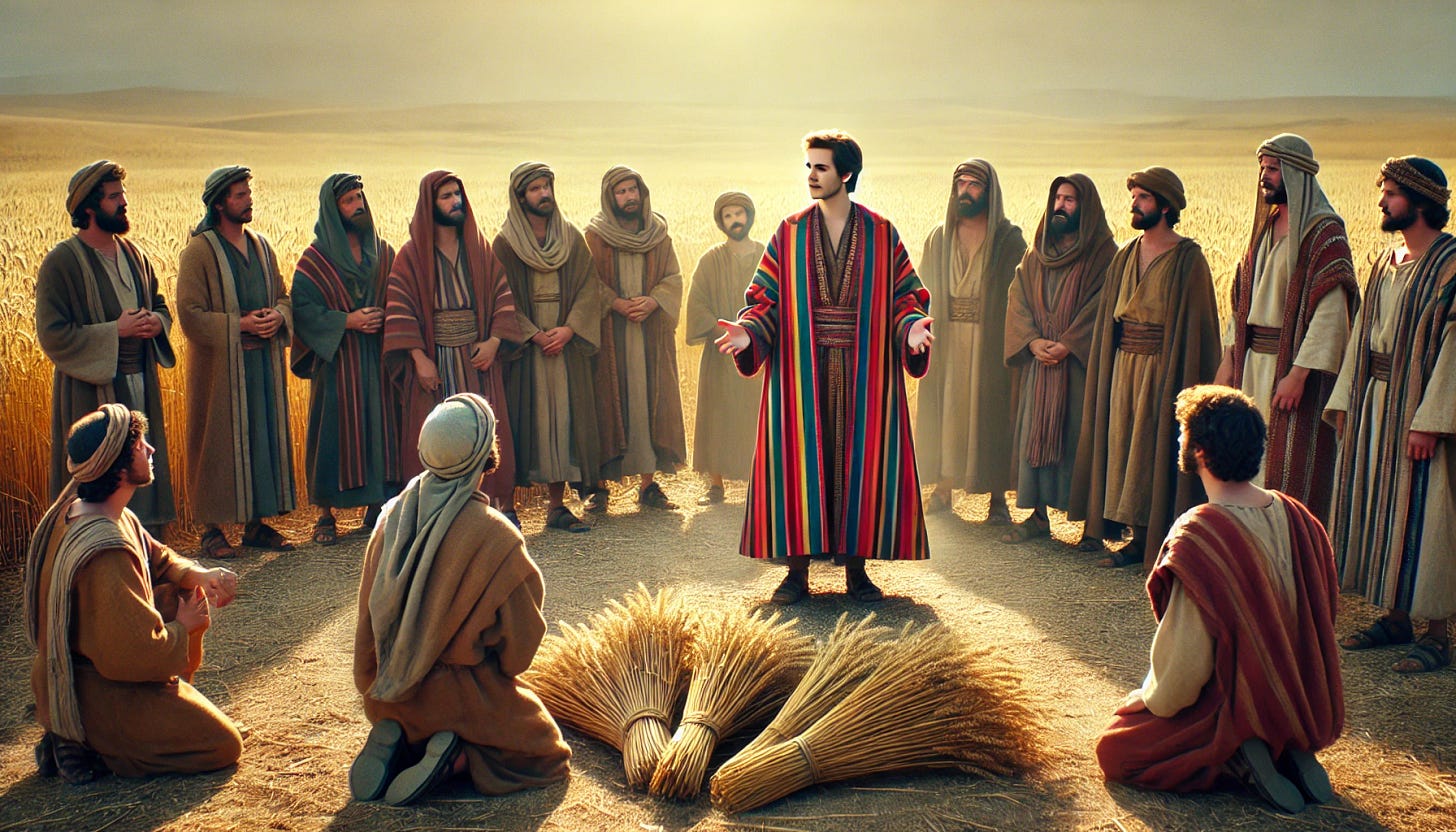 A realistic 35mm photographic depiction of Joseph in his coat of many colors, standing confidently in the center, gesturing as he interprets his dream to his eleven brothers. The scene is set in a sunlit pastoral landscape with a field of golden wheat in the background. The brothers, wearing rustic robes of earth tones, are gathered around him with a mixture of skeptical and intrigued expressions. In the foreground, symbolic wheat sheaves are arranged, with one tall sheaf standing upright surrounded by shorter ones bowing towards it. The lighting is warm and natural, casting soft shadows to emphasize the depth of the scene. Created using: realistic cinematic techniques, detailed costume design, 35mm film grain texture, vibrant yet natural colors, authentic historical setting, dynamic character expressions, high-definition quality, and natural aesthetic. --ar 16:9 A realistic 35mm photographic depiction of Joseph in his coat of many colors, standing confidently in the center, gesturing as he interprets his dream to his eleven brothers. The scene is set in a sunlit pastoral landscape with a field of golden wheat in the background. The brothers, wearing rustic robes of earth tones, are gathered around him with a mixture of skeptical and intrigued expressions. In the foreground, symbolic wheat sheaves are arranged, with one tall sheaf standing upright surrounded by shorter ones bowing towards it. The lighting is warm and natural, casting soft shadows to emphasize the depth of the scene. Created using: realistic cinematic techniques, detailed costume design, 35mm film grain texture, vibrant yet natural colors, authentic historical setting, dynamic character expressions, high-definition quality, and natural aesthetic. --ar 16:9