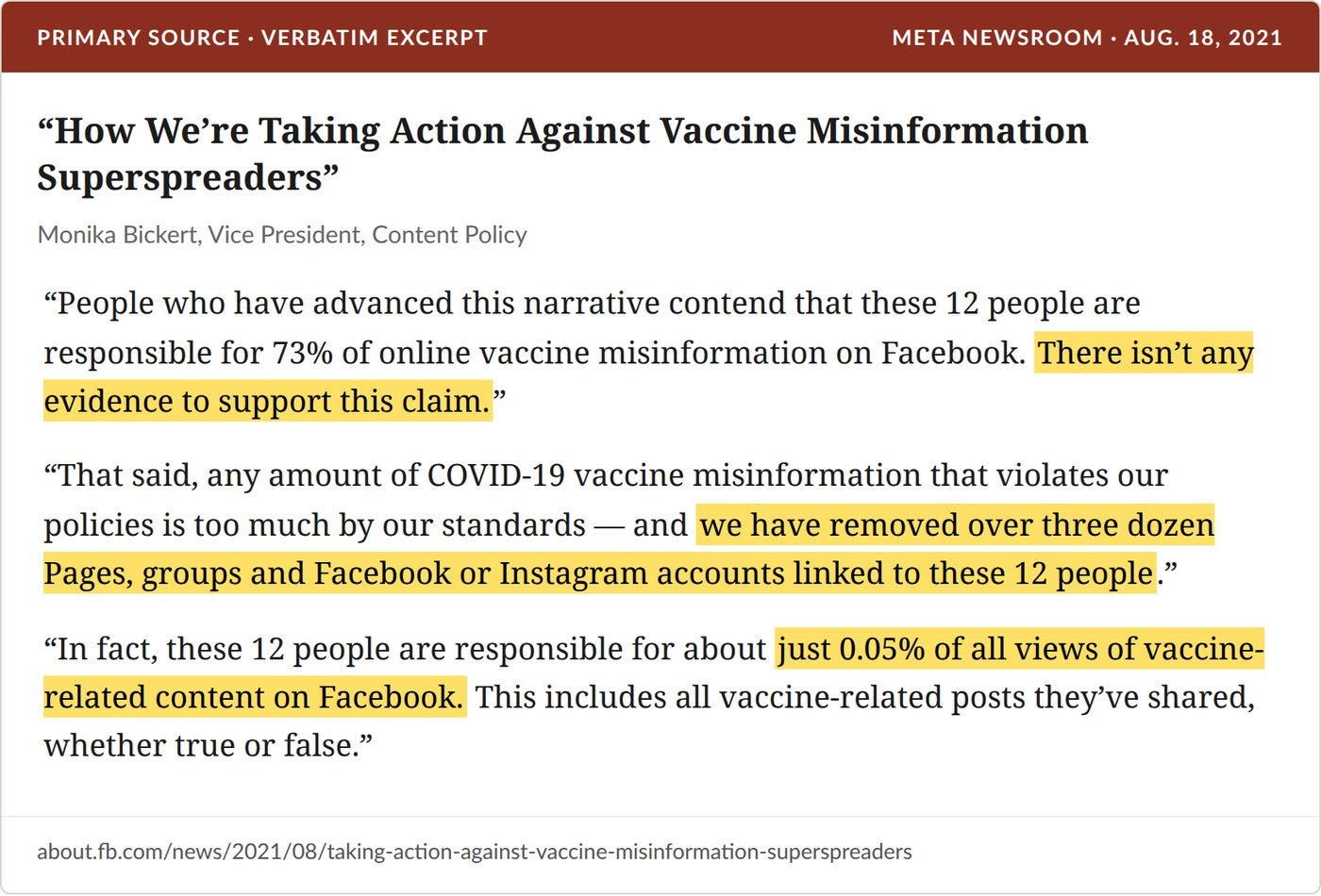 Facebook’s August 18, 2021 statement: no evidence for the claim, and removals anyway.