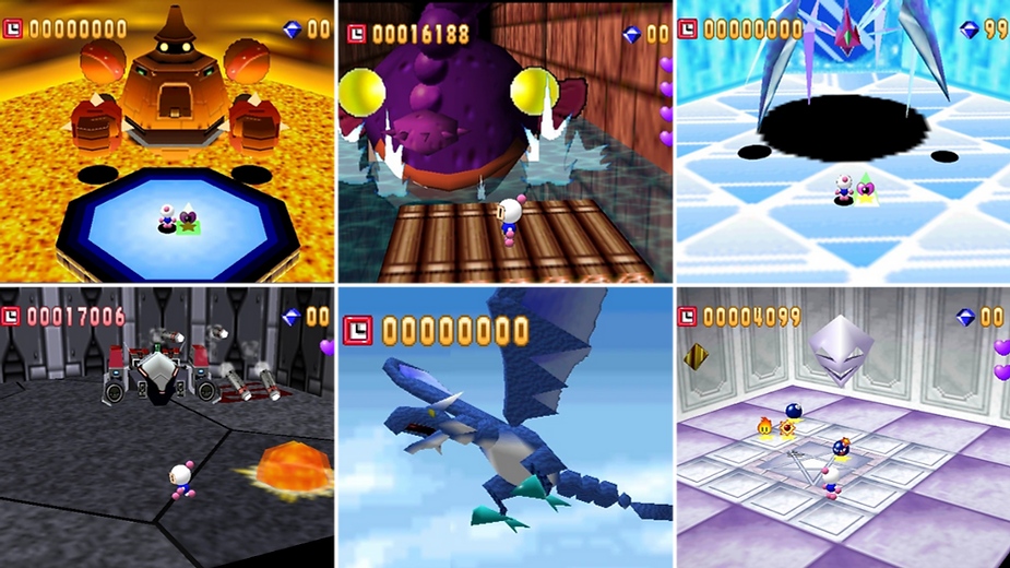 Collage of game scenes: characters facing various creatures and objects in colorful settings. Numbers and icons visible on each grid.