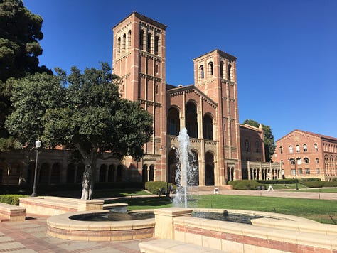 Photos of UCLA Royce Hall, Jans Steps view of the residence halls, and Powell Library