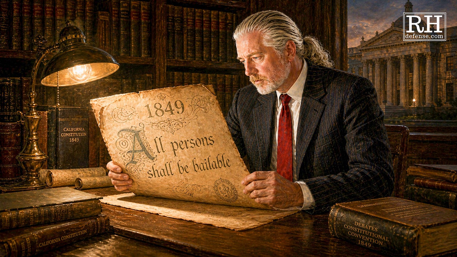Rick Horowitz studies an aged 1849 scroll reading "All persons shall be bailable," surrounded by leatherbound volumes including the California Constitution of 1849 and Debates of the Constitutional Convention, with the State Capitol visible through a window behind him