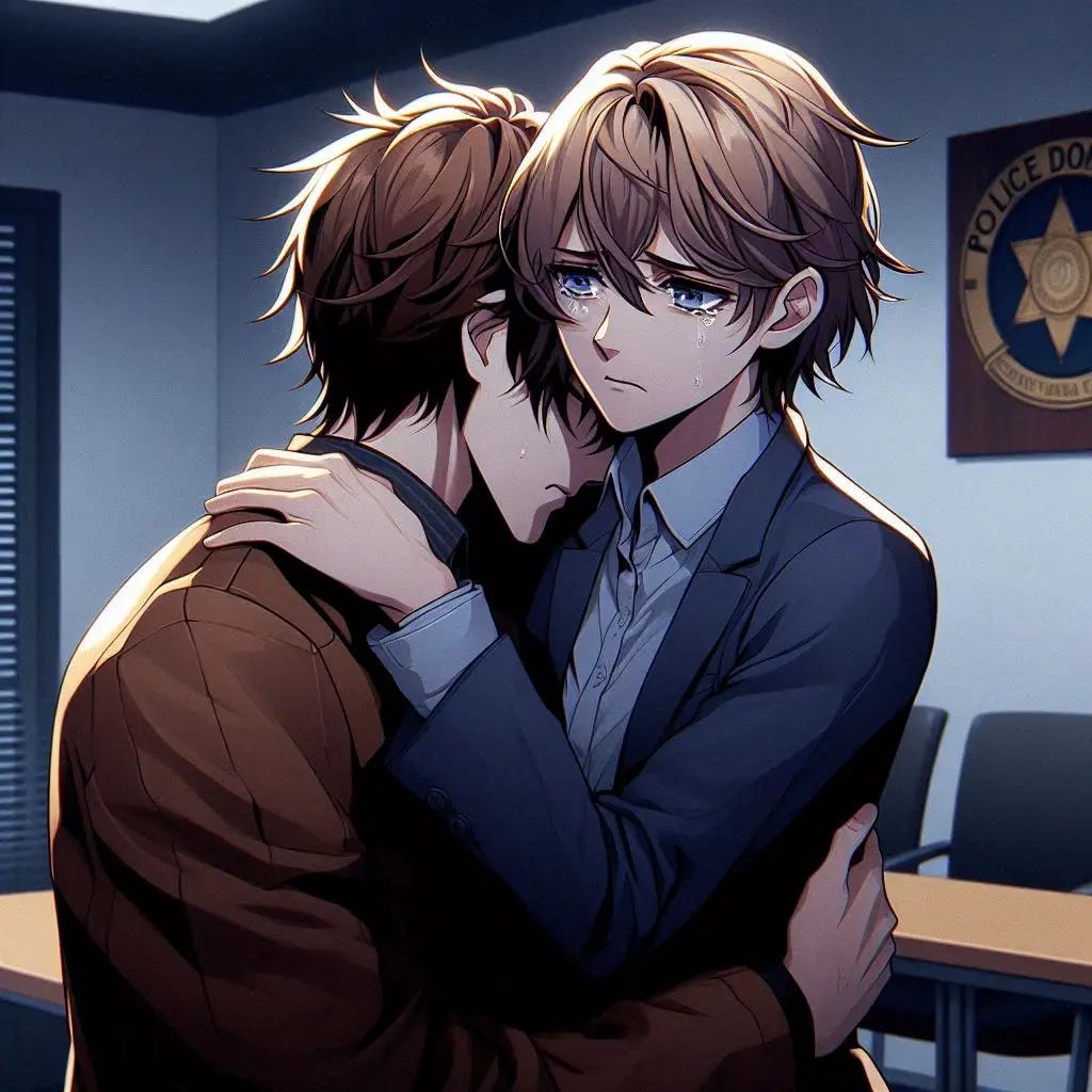 A devastated emotionally sad young man with brown hair and a brown blazer hugging a same aged woman who has short blonde hair, a navy blazer and a pale blue button up shirt while in a well light police department public waiting room. anime art style. dark. modern. emotional moment.