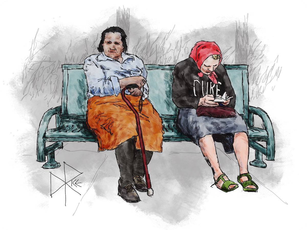 One lost in thought as the other reads a book, two women in skirts enjoy some late-summer afternoon sunshine on a park bench. Sketch art by Don Rice. One lost in thought as the other reads a book, two women in skirts enjoy some late-summer afternoon sunshine on a park bench. Sketch art by Don Rice.