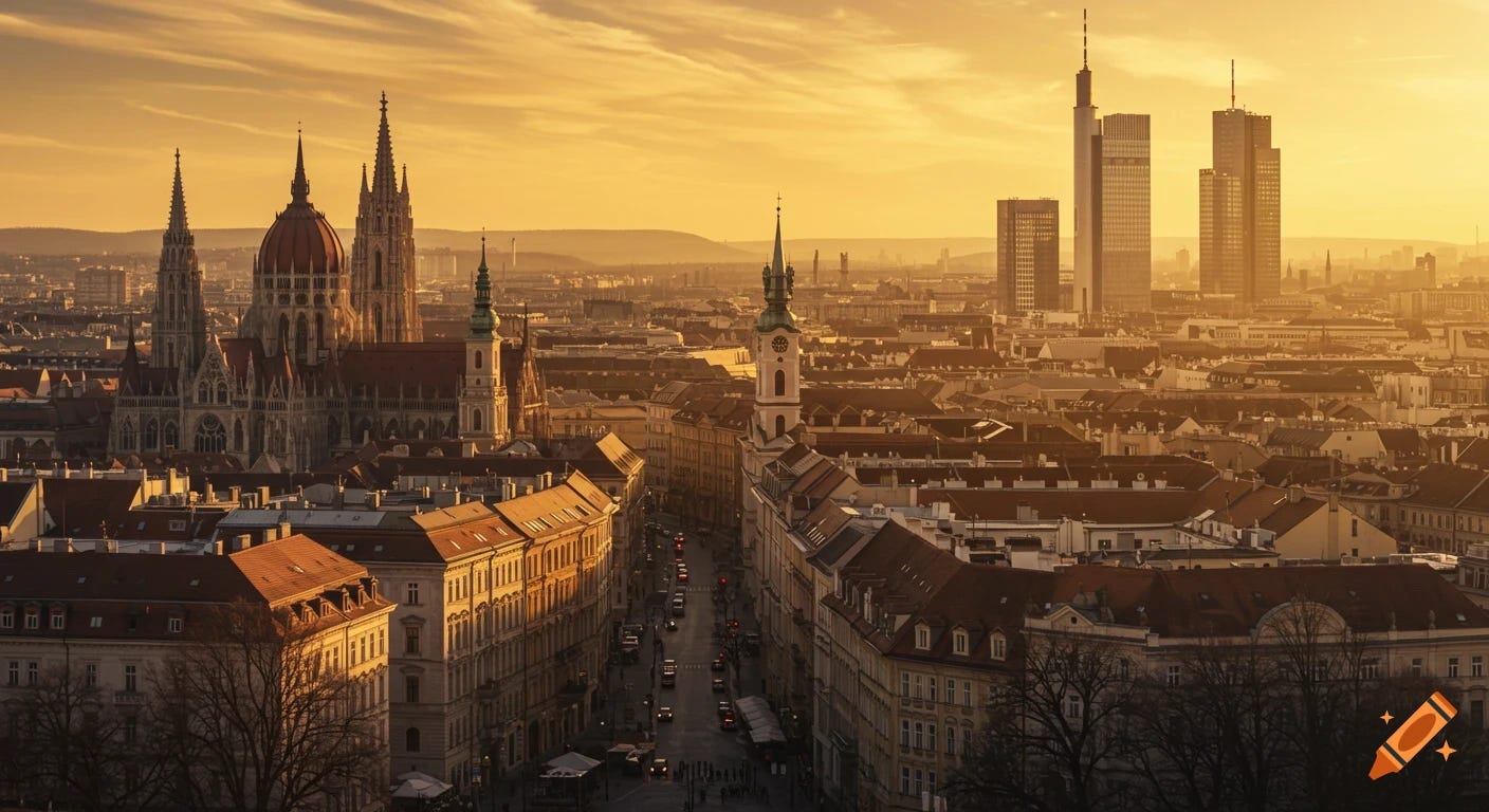 European city skyline at sunset with a cathedral and skyscrapers. on ... European city skyline at sunset with a cathedral and skyscrapers. on ...