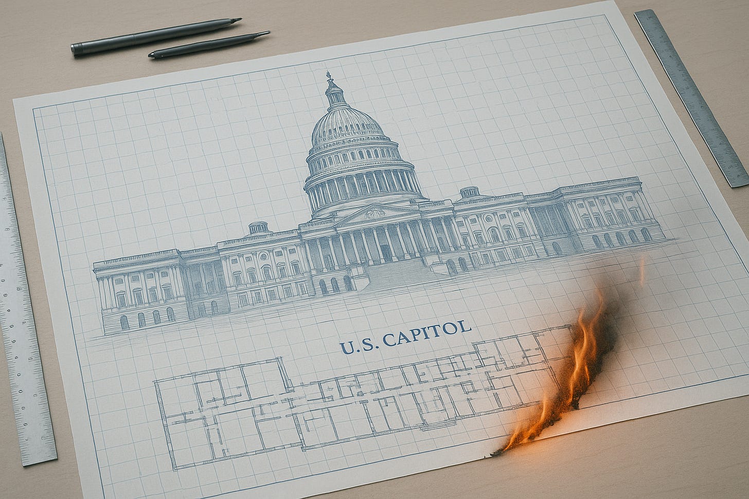 A blueprint of the US Capitol building with a corner of the print on fire.