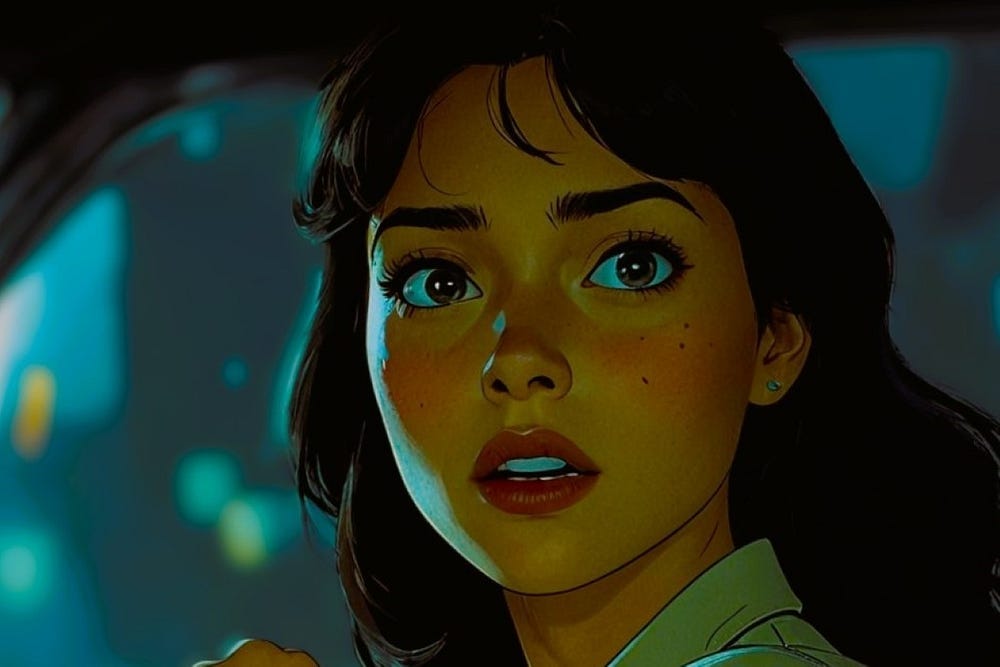 A young woman with large eyes looking surprised — sitting in her car