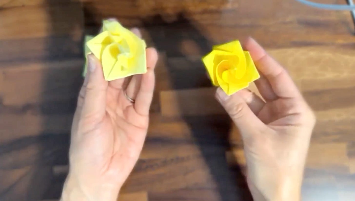 two yellow origami twist roses