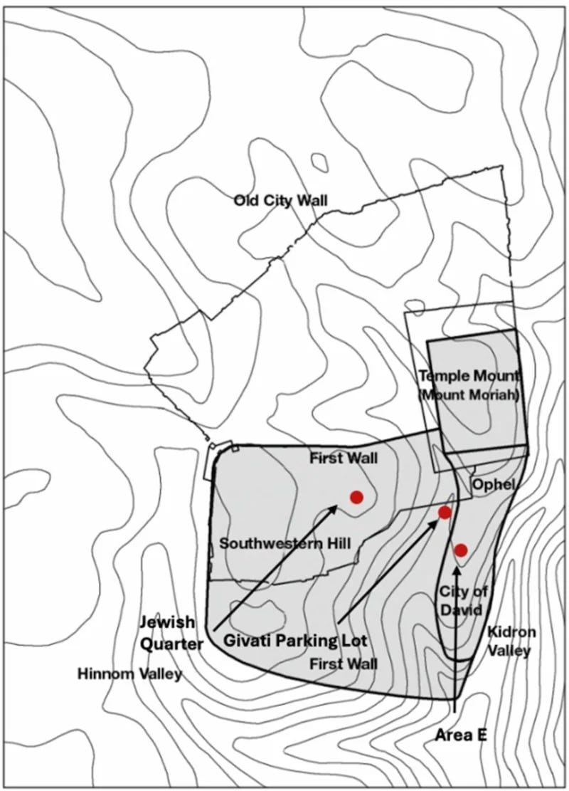 Jerusalem in the Late Hellenistic Period (mid–second to mid–first century bce) with approximate location of excavation sites; note the line of the Old City walls. 