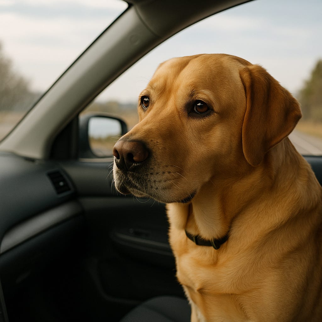 A golden Labrador retriever sits in the passenger seat of a car, gazing out the windshield on a winter drive, sunlight warming his fur.