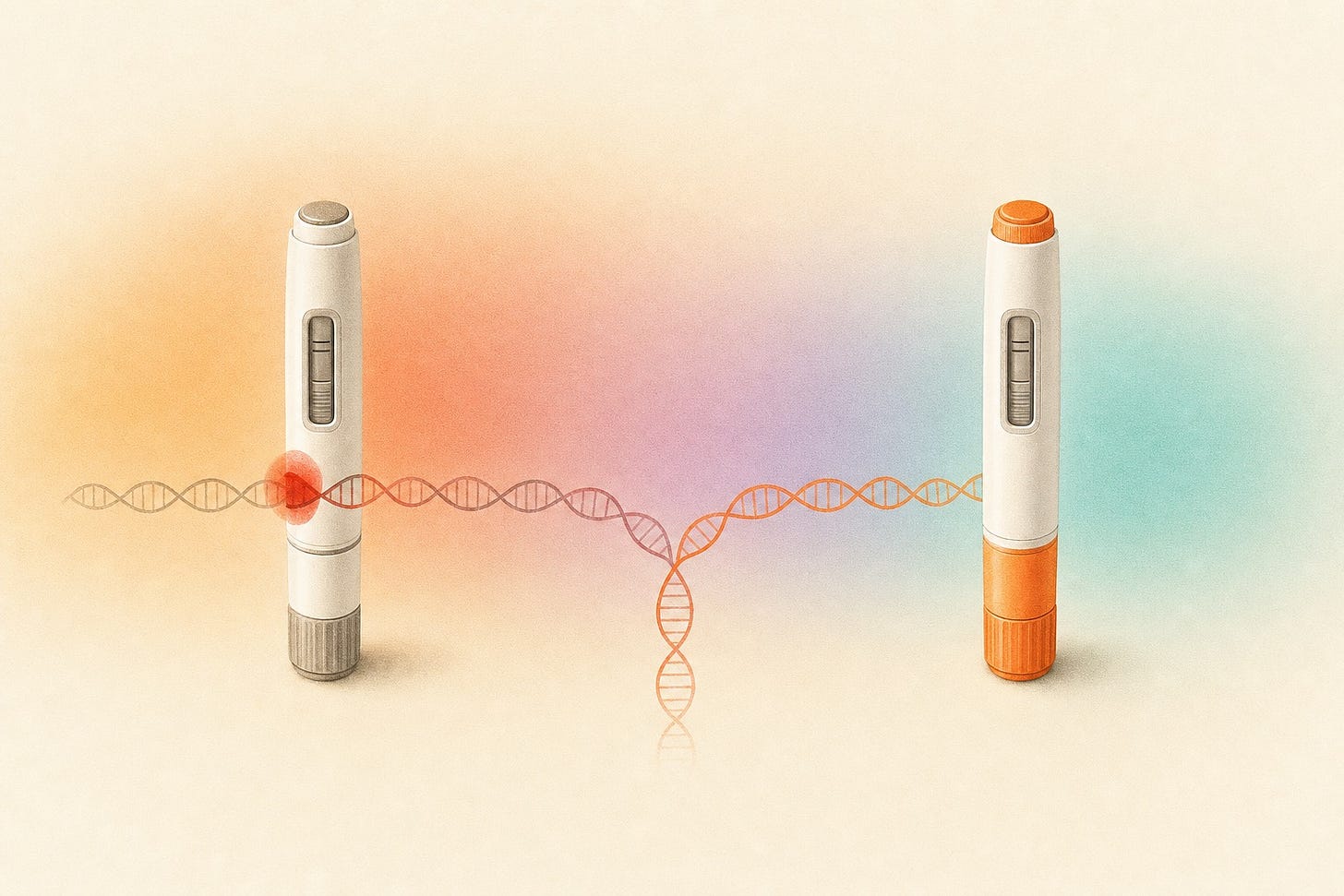 Two GLP-1 injection pens on warm paper with a DNA thread forking between them, one pen flagged in coral
