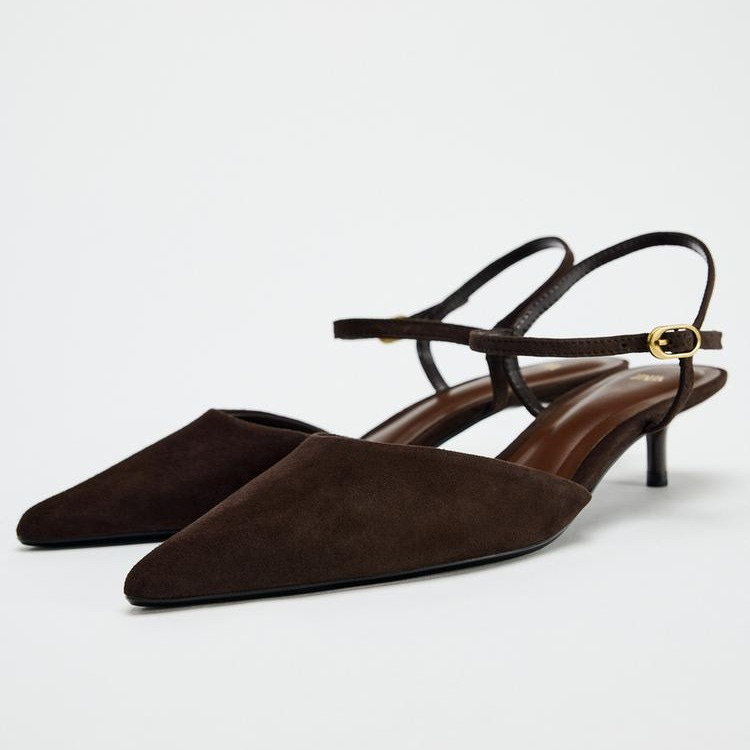 SUEDE KITTEN HEEL SLINGBACK SHOES - Brown by Zara - Image 3