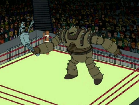 Futurama scene. Bender being thrown arounda wrestling ring by the bigger Destructor