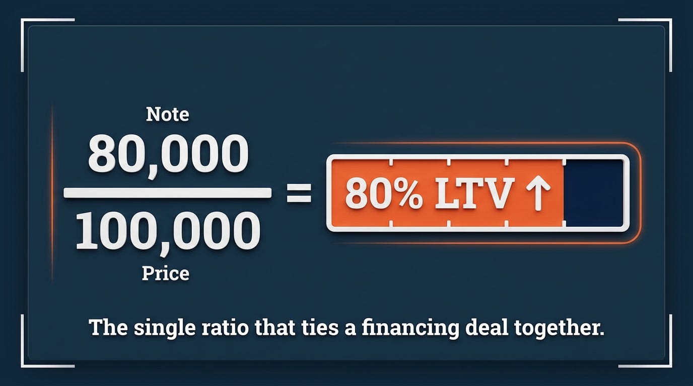 Loan-to-value: note divided by price equals 80%