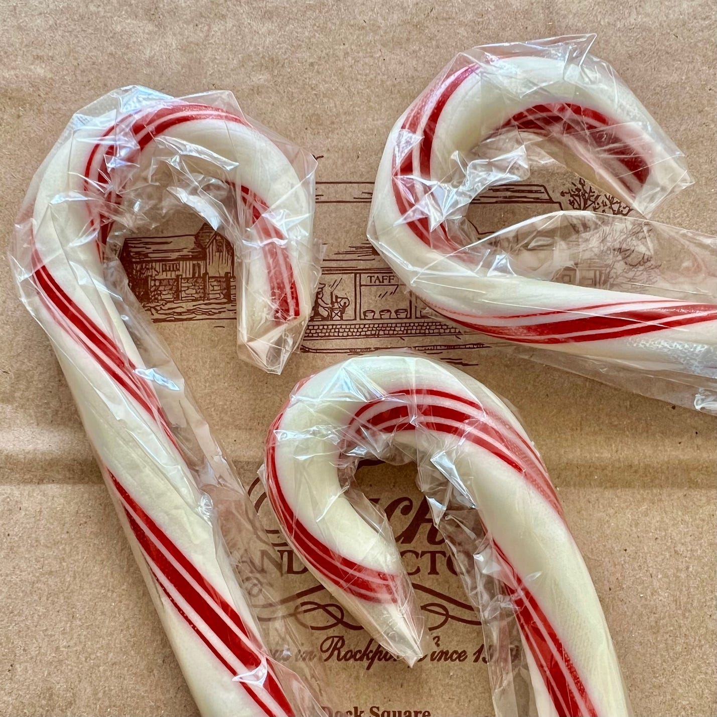 Candy canes wrapped in plastic

Description automatically generated