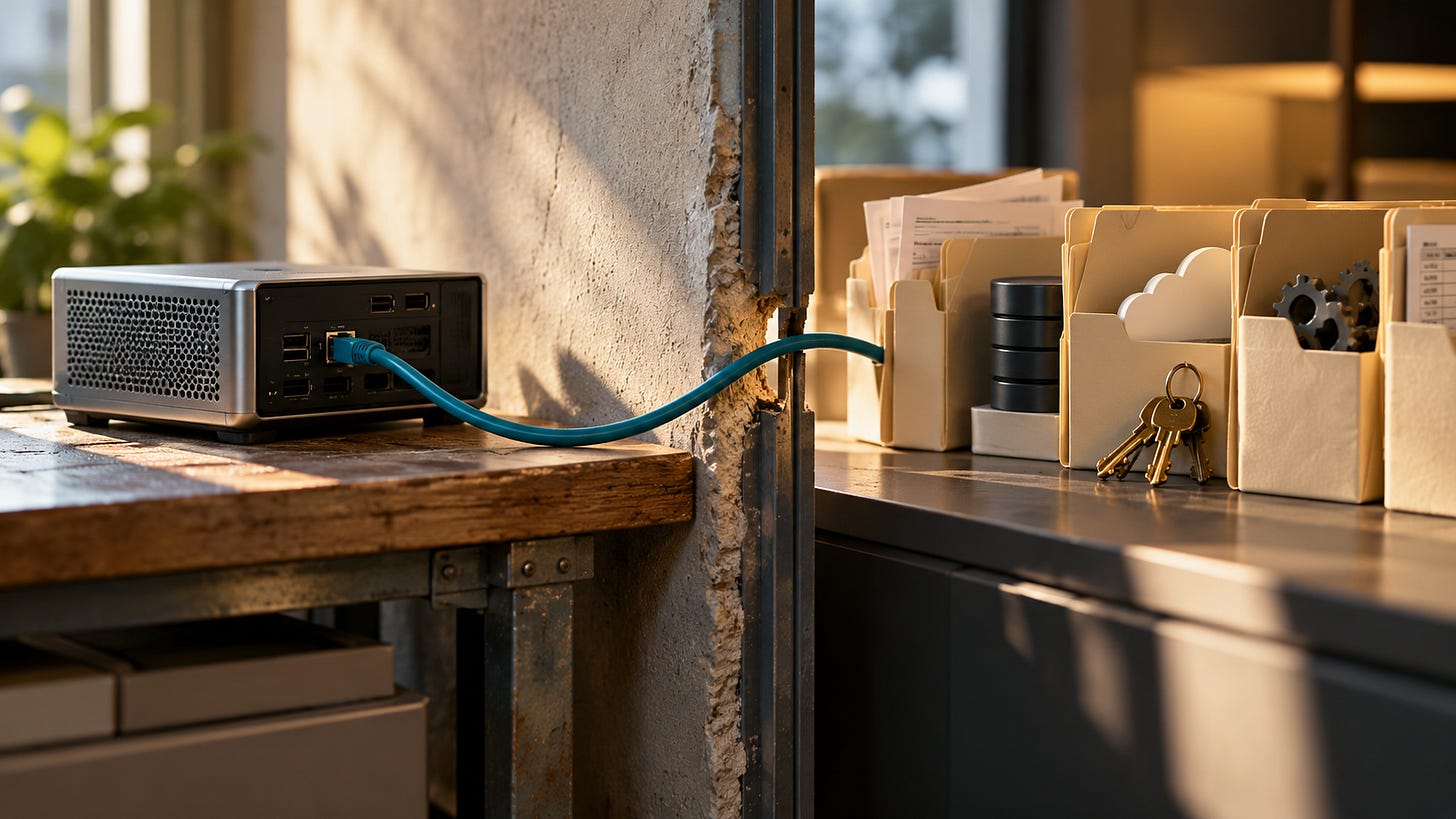 A compact computer connected by cable through a wall to a file organizer holding folders and keys.