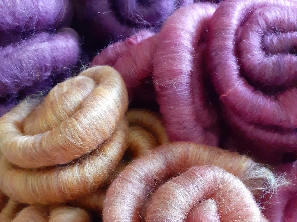purple, pink and cream rolags