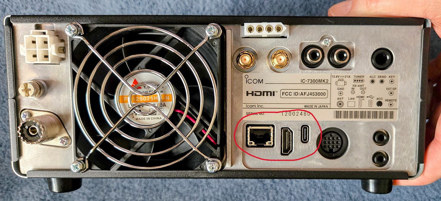 IC-7300MK2 rear panel showing Ethernet port, HDMI, and USB-C