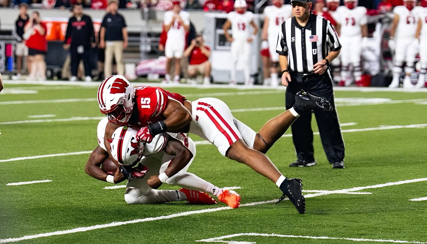 Wisconsin linebacker Sebastian Cheeks makes a tackle against a Miami (OH) player in the 2025 season opener at Camp Randall Stadium. Wisconsin linebacker Sebastian Cheeks makes a tackle against a Miami (OH) player in the 2025 season opener at Camp Randall Stadium.