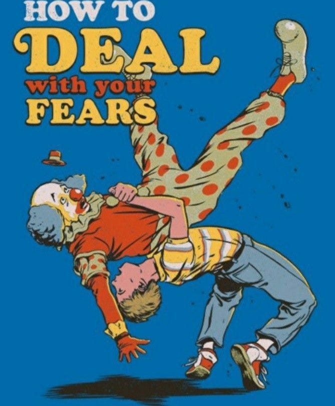 This may contain: the book cover for how to deal with your fears, featuring an image of two clown This may contain: the book cover for how to deal with your fears, featuring an image of two clown