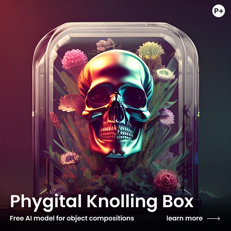 Images of Phygital's styles, characters, game assets, knolling box, pixels, logo transformation, fashion, and locations, as examples of the types of neural network tools available.