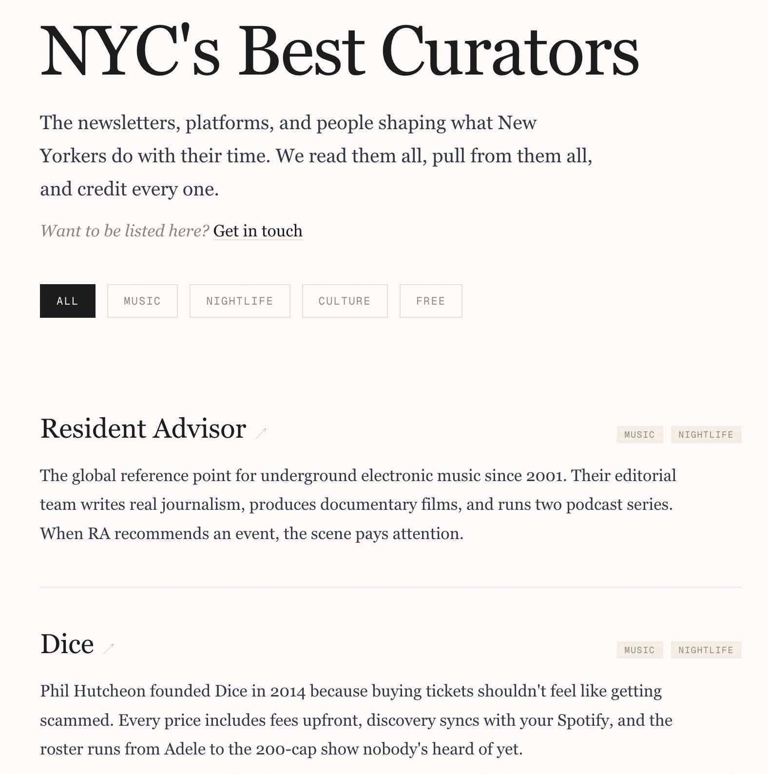 The NYC's Best Curators page: filter chips for All, Music, Nightlife, Culture and Free above credited entries for Resident Advisor and Dice, each with a plain-language note on what it is good for.