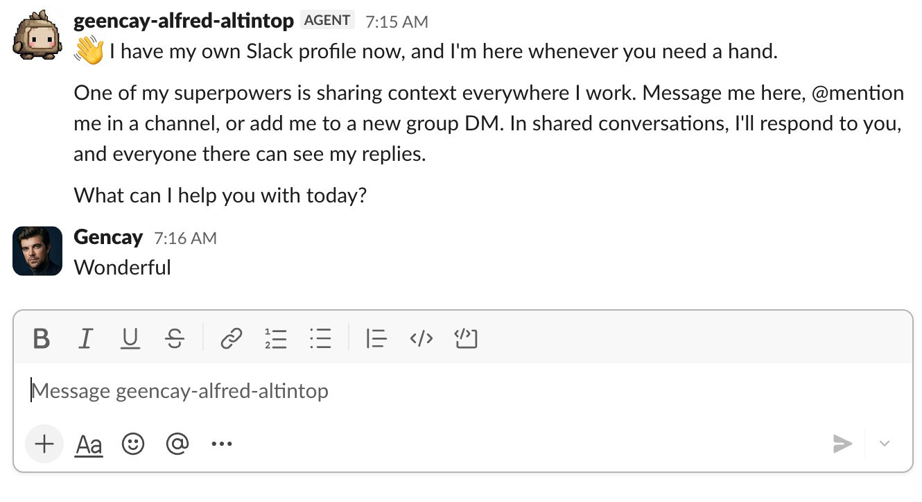 Alfred Altintop introducing itself in a Slack direct message