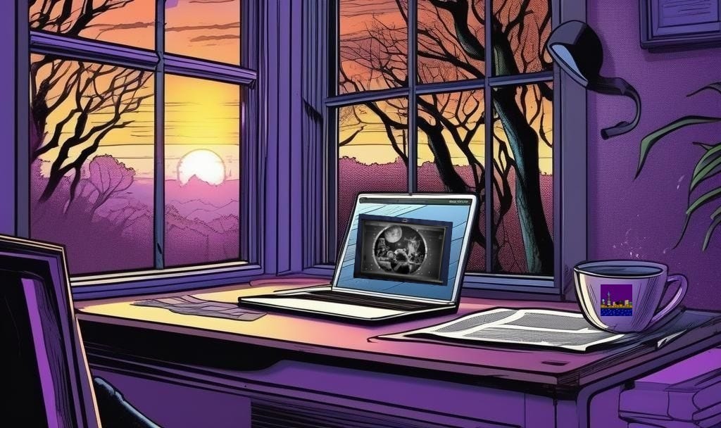 Digital image, bathed in SRR Consulting purple, of a desk near corner windows at sunrise. On the desk is an open laptop, newspaper, and coffee mug with the Sara's Fun Facts skyline.