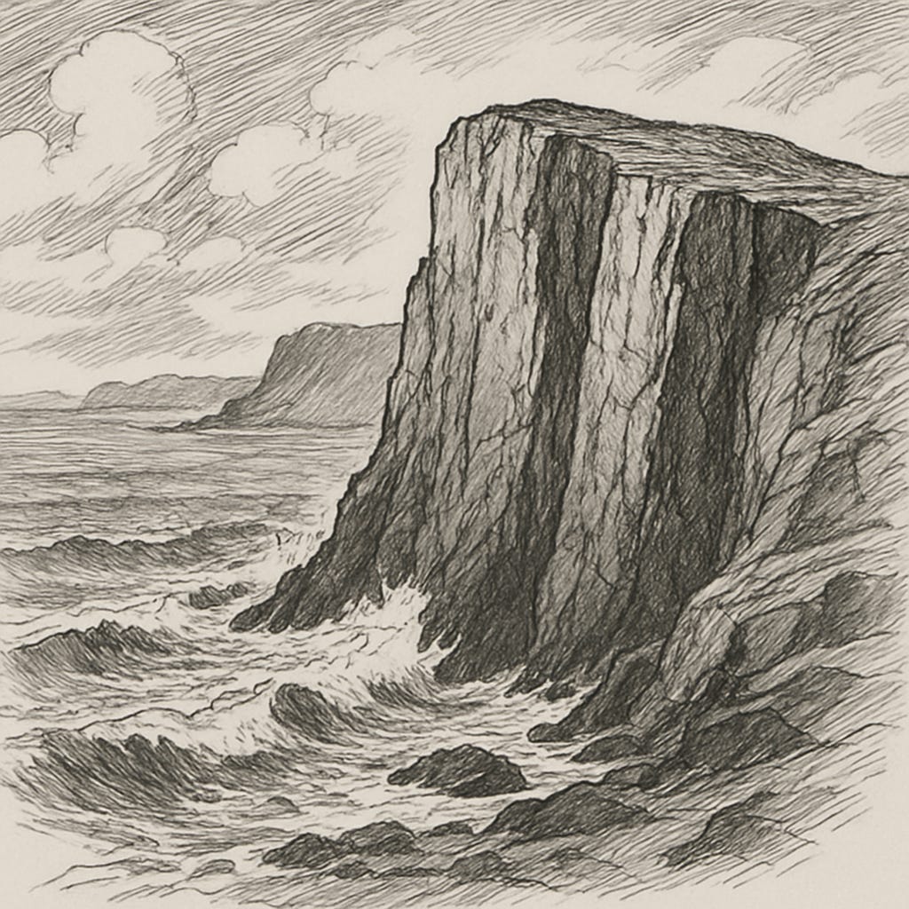 geological origins, perpetual erosion, timeless endurance, and a dramatic face both immovable and ever-changing of a rocky natural structure