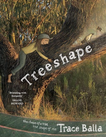 Treeshape  A child lying in a tree surrounded by other smaller trees, bushes and birds. The text is white, Treeshape by Trace Balla. 