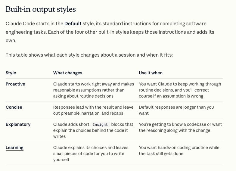 The built-in Claude Code output styles, showing "proactive", "concise", "explanatory", and "learning"