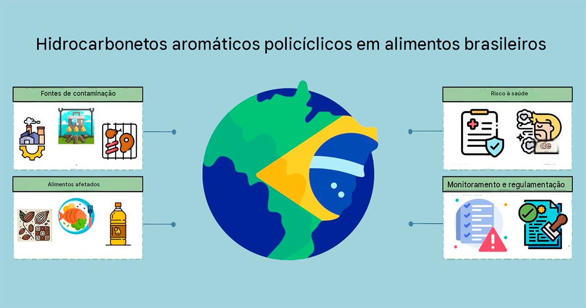 Infográfico intitulado "Hidrocarbonetos aromáticos policíclicos em alimentos brasileiros". No centro, destaca-se uma ilustração do planeta Terra com os padrões e cores da bandeira do Brasil. Ao redor do globo, dividem-se quatro seções com ícones representativos: no lado esquerdo, "Fontes de contaminação" (fumaça industrial, defumação e churrasco) e "Alimentos afetados" (cacau, prato de peixe e óleo vegetal); no lado direito, "Risco à saúde" (relatório médico e perfil humano) e "Monitoramento e regulamentação" (lista de checagem com alerta e documento carimbado). Infográfico intitulado "Hidrocarbonetos aromáticos policíclicos em alimentos brasileiros". No centro, destaca-se uma ilustração do planeta Terra com os padrões e cores da bandeira do Brasil. Ao redor do globo, dividem-se quatro seções com ícones representativos: no lado esquerdo, "Fontes de contaminação" (fumaça industrial, defumação e churrasco) e "Alimentos afetados" (cacau, prato de peixe e óleo vegetal); no lado direito, "Risco à saúde" (relatório médico e perfil humano) e "Monitoramento e regulamentação" (lista de checagem com alerta e documento carimbado).