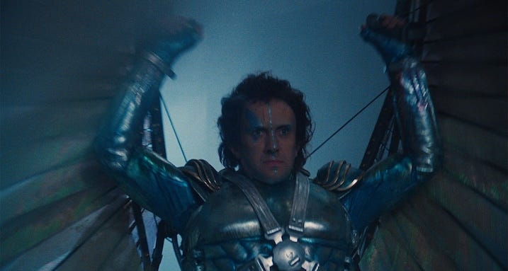 Fantasy flight still — Jonathan Pryce dons winged armor in Sam Lowry’s dream of escape from the bureaucracy in Brazil (1985).
