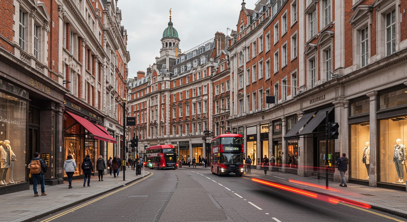 London Regents street with shops and buses on the road