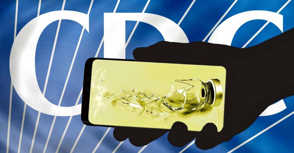 cdc logo and broken vaccine bottle