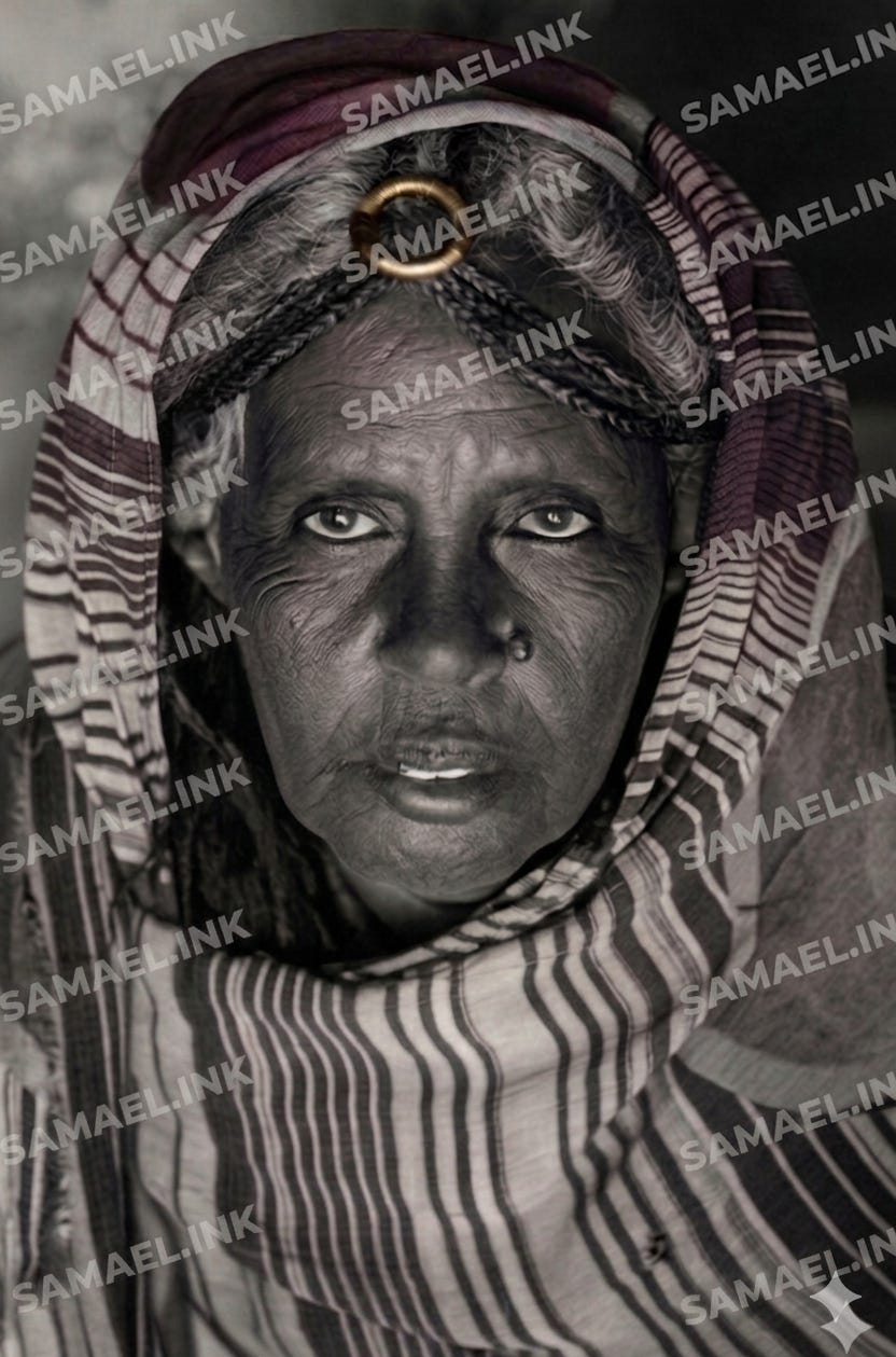 A high-contrast, black-and-white close-up portrait of an elderly woman with deep-set, expressive eyes and weathered skin. She wears a striped, multi-toned headscarf draped over her shoulders and a circular gold ornament resting on a thin, dark braid across her forehead. The lighting is focused on her face, highlighting her features against a soft, dark background.