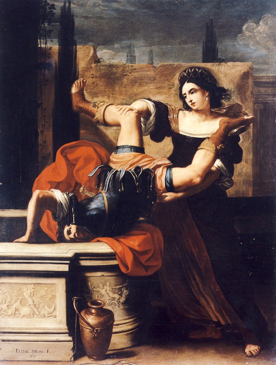 A woman in a long dress pushes a soldier head first into a well, holding his legs in the air, under an open sky.